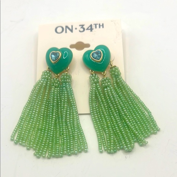 Jewelry - On 34th Green Heart Tassel Earrings NWT